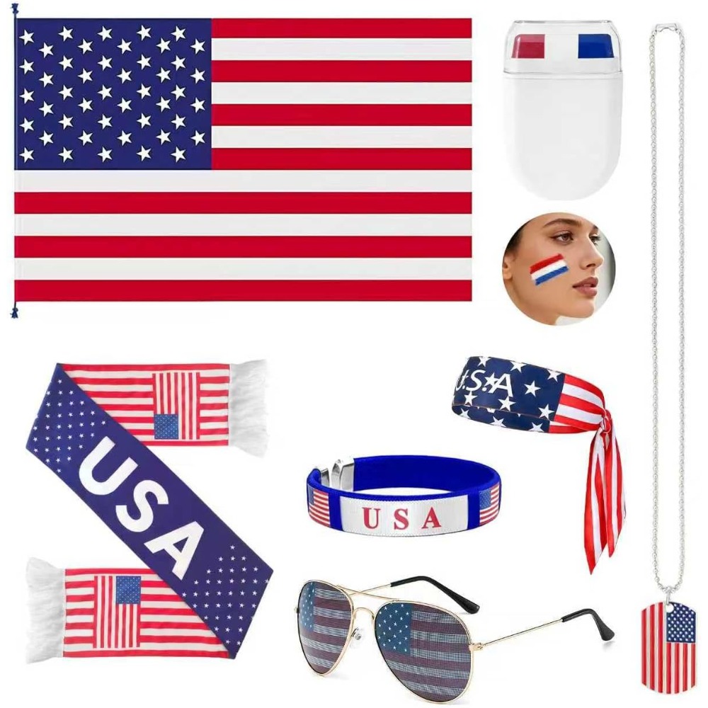 Party Games Usa - ชุดแฟนคลับสหรัฐอเมริกา ปี 2026 ชุดเชียร์รักชาติสำหรับวันแข่งขัน ประกอบด้วยที่คาดผม แว่นกันแดด